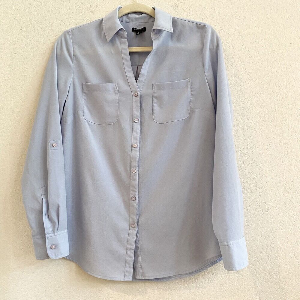 Talbots Light Blue Long Roll Tab Sleeve Button Up Career Blouse, Size 4 Pockets